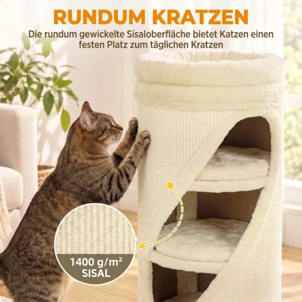 Krabton 75 Cm Hoog Ø 35 Cm 4 Laagse Kattenton Met 3 Holen, Afneembaar Wasbaar Pluche Bed Sisal Kraboppervlak