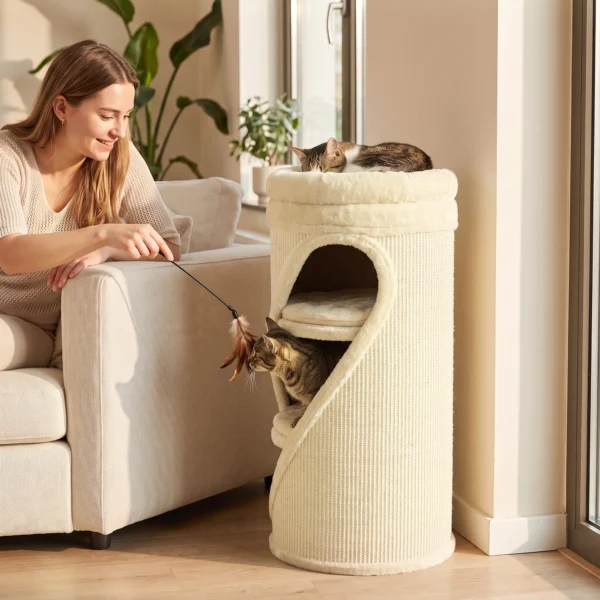 Krabton 75 Cm Hoog Ø 35 Cm 4 Laagse Kattenton Met 3 Holen, Afneembaar Wasbaar Pluche Bed Sisal Kraboppervlak
