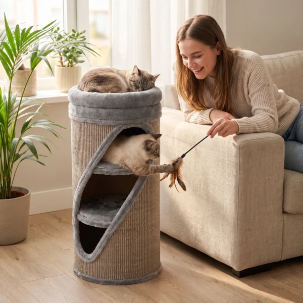 Krabton 75 Cm Hoog Ø 35 Cm 4 Traps Kattenton Met 3 Grotten, Afneembaar Wasbaar Pluche Bed Sisal Kraboppervlak