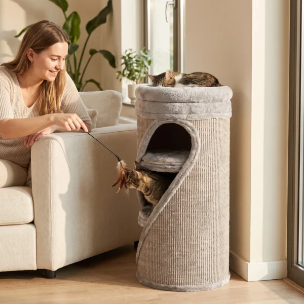 Krabton 75 Cm Hoog Ø 35 Cm 4 Traps Kattenton Met 3 Grotten, Afneembaar Wasbaar Pluche Bed Sisal Kraboppervlak
