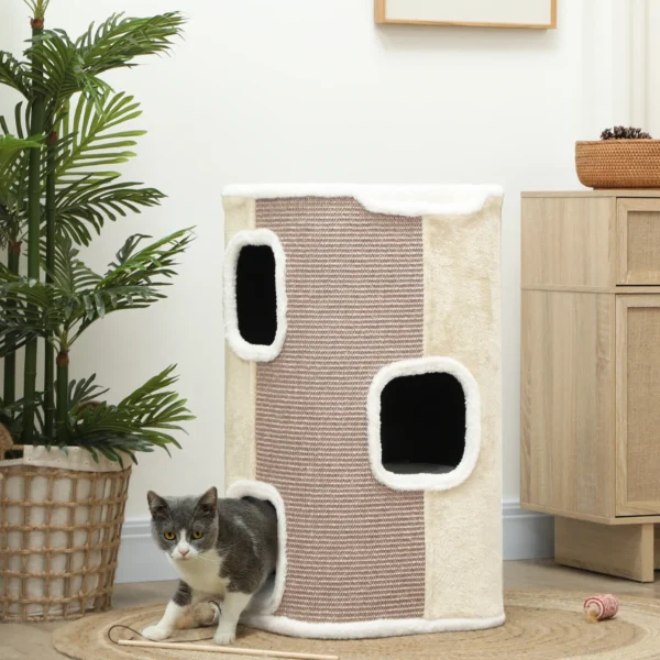Krabton Voor Katten, Kattenboom, 3 Niveaus, Robuust, Zachte Pluche, Toevluchtsoord, Beige