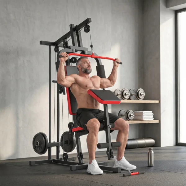 Kraftstation Fitnessstation Met Latzug, Butterflystang, Verstelbare Preacher Bank, Beentrainer, Tot 120kg Zwart+Rood