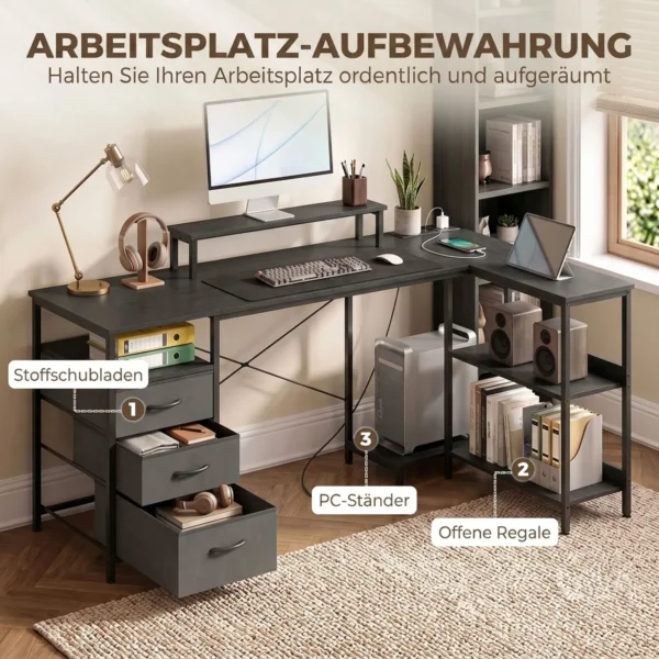 L vormig Bureau, Omkeerbaar Hoekbureau Met Lades En Planken, 170 Cm, Zwart