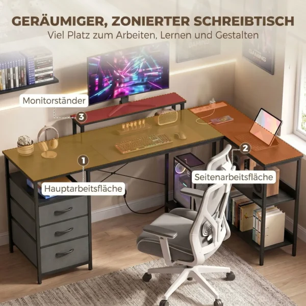L vormig Bureau, Omkeerbaar Hoekbureau Met Lades En Planken, 170 Cm, Zwart