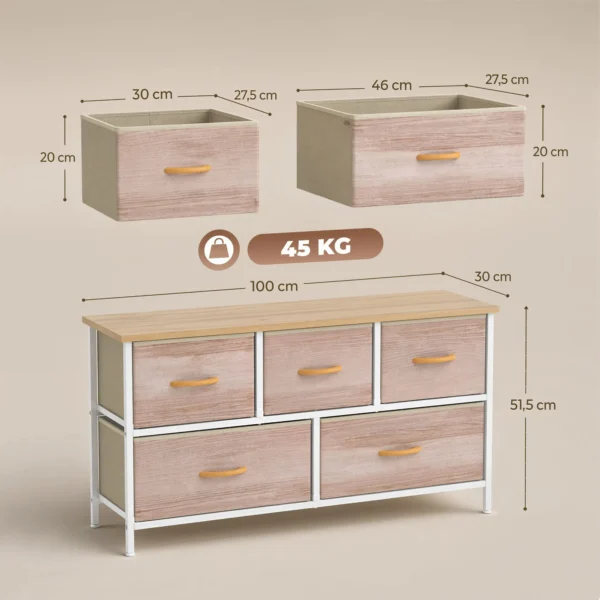 Ladekast Met 5 Lades, Stoffen Ladekast Met Metalen Frame En Houten Oppervlak, Natuurlijk Hout En Wit