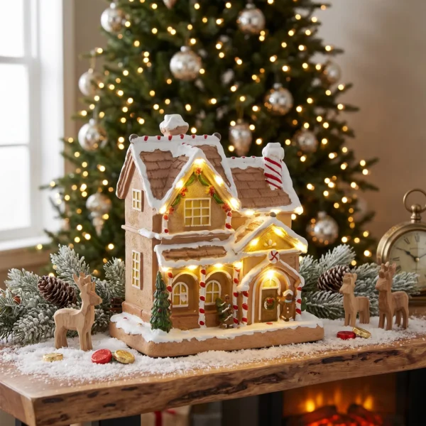 Lebkuchenhaus Met LED verlichting En Muziek, Kersthuis Winterlandschap Met Lebkuchenmann, Voor Kerstmis, Bruin