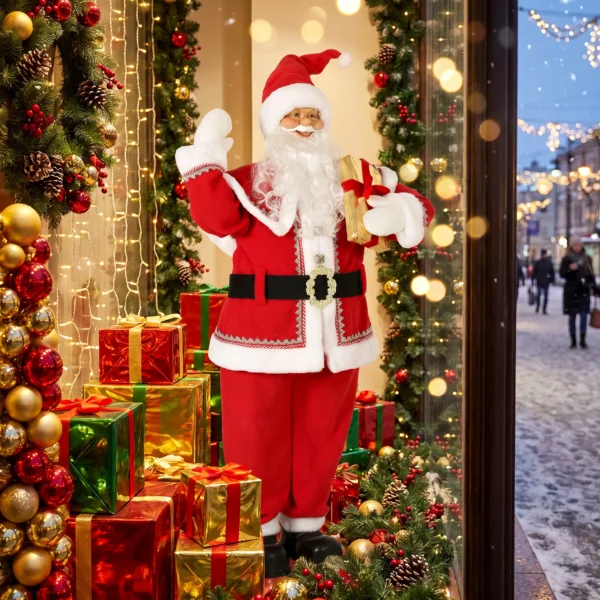 Levensgrote Zingende Kerstman 150 Cm, Geanimeerde Muziekfiguur Met Draaiend Hoofd, Zwaaiende Hand En Cadeau