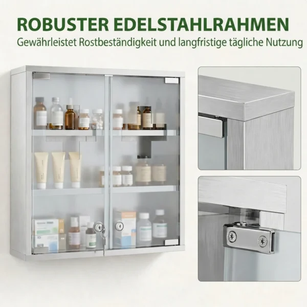 Medisch Kastje, Afsluitbaar Medicijnkastje Met 2 Sleutels, Glazen Deur En 6 Planken, 48 X 46 X 12 Cm, Zilver