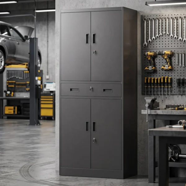 Metalen Kast 180 Cm, Gereedschapskast Met Afsluitbare Deuren, Lade En Verstelbare Planken, Zwart
