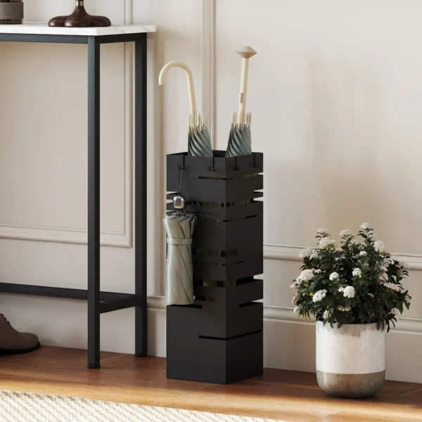 Metalen Paraplubak Met Afneembare Wateropvangbak En 4 Haken 15,5 X 15,5 X 49 Cm, Zwart