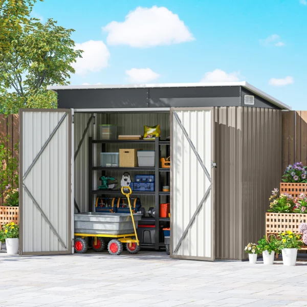 Metalen Tuinhuis 2,68 M², Afsluitbaar Tuinhuisje Met 3 Deuren, Ventilatie, Lessenaarsdak, Handschoenen