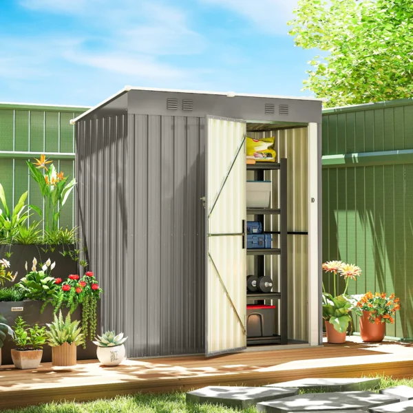 Metalen Tuinhuisje 1,37 M², Afsluitbaar Tuinhuisje Met Ventilatie Zadeldak Handschoenen, 163 X 90 X 179 Cm