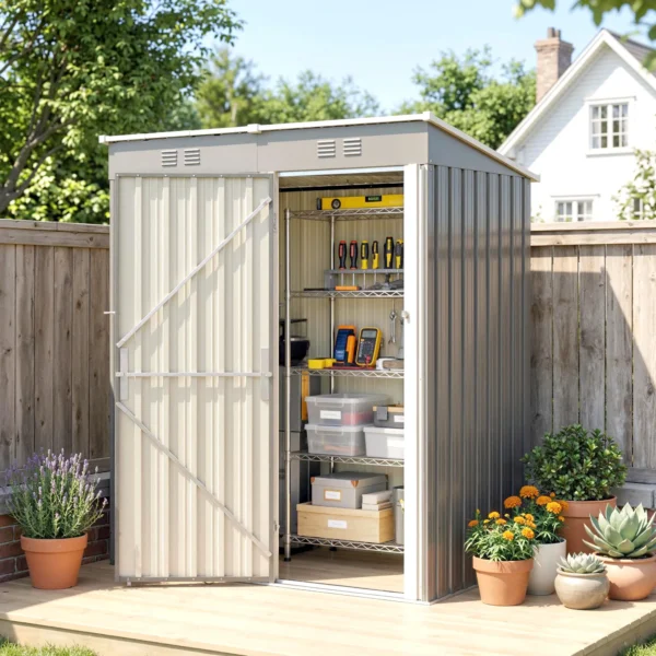Metalen Tuinhuisje 1,37 M², Afsluitbaar Tuinhuisje Met Ventilatie Zadeldak Handschoenen, 163 X 90 X 179 Cm