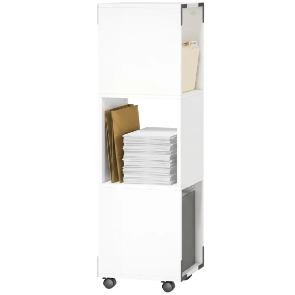 Mobiele Archiefkast Met 3 Open Vakken, Printerplank Op Wielen Met 2 Remmen, Wit