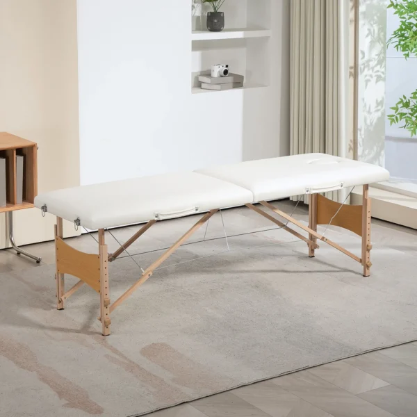 Mobiele Massagetafel 2 Zones Opvouwbaar Hoogteverstelbaar Massagetafel 60 Cm Breed Met Draagtas Houten Voeten Crèmewit