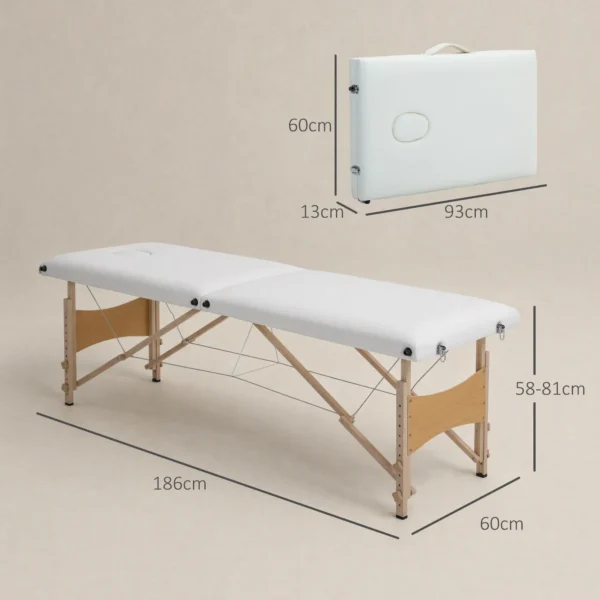 Mobiele Massagetafel 2 Zones Opvouwbaar Hoogteverstelbaar Massagetafel 60 Cm Breed Met Draagtas Houten Voeten Crèmewit