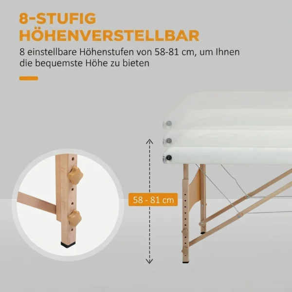 Mobiele Massagetafel 2 Zones Opvouwbaar Hoogteverstelbaar Massagetafel 60 Cm Breed Met Draagtas Houten Voeten Crèmewit