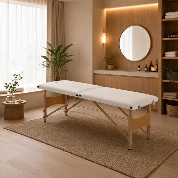 Mobiele Massagetafel 2 Zones Opvouwbaar Hoogteverstelbaar Massagetafel 60 Cm Breed Met Draagtas Houten Voeten Crèmewit