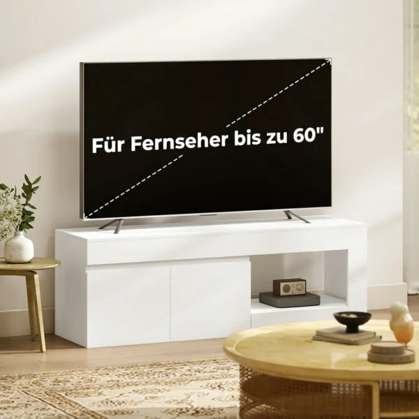 Modern TV meubel Voor De Woonkamer Met 2 Deuren, Open Vak En Handgrepen, Geschikt Voor Tv's Tot 60 Inch, 140 X 40 X 48 Cm, Wit