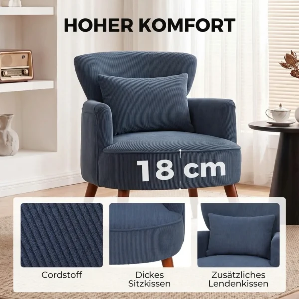 Moderne Fauteuil, Gestoffeerde Accentstoel Met Lendenkussen, Blauw