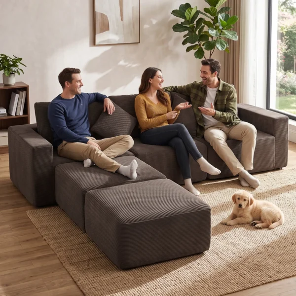 Modulair U bank 287 Cm, Zonder Frame, Brede Diepe Zitoppervlak Van Corduroy, High density Schuim, Geen Montage Nodig, Khaki