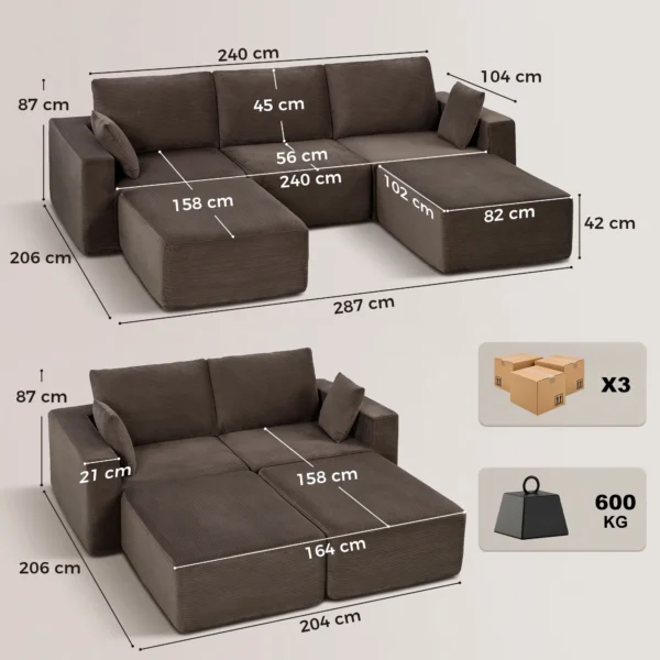 Modulair U bank 287 Cm, Zonder Frame, Brede Diepe Zitoppervlak Van Corduroy, High density Schuim, Geen Montage Nodig, Khaki