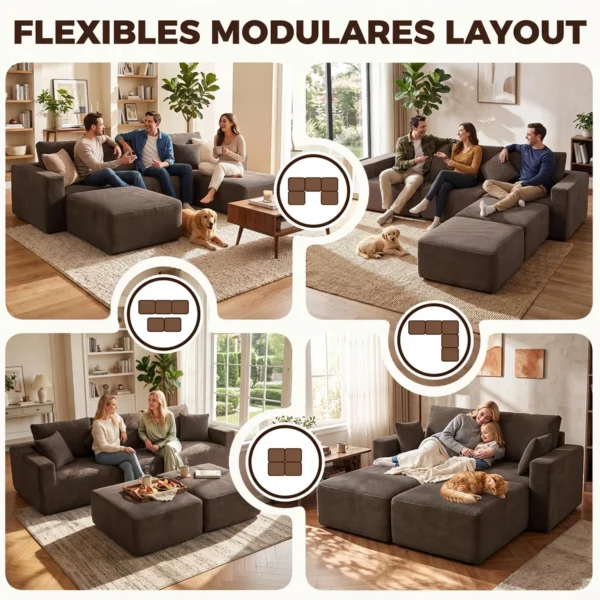 Modulair U bank 287 Cm, Zonder Frame, Brede Diepe Zitoppervlak Van Corduroy, High density Schuim, Geen Montage Nodig, Khaki