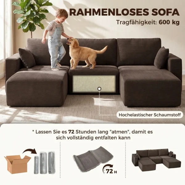 Modulair U bank 287 Cm, Zonder Frame, Brede Diepe Zitoppervlak Van Corduroy, High density Schuim, Geen Montage Nodig, Khaki