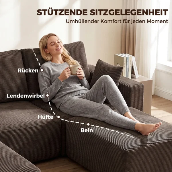 Modulair U bank 287 Cm, Zonder Frame, Brede Diepe Zitoppervlak Van Corduroy, High density Schuim, Geen Montage Nodig, Khaki