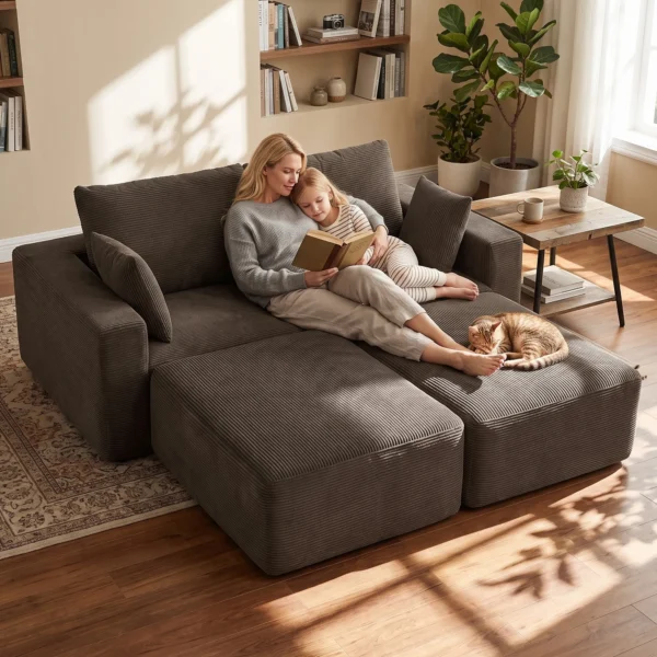Modulair U bank 287 Cm, Zonder Frame, Brede Diepe Zitoppervlak Van Corduroy, High density Schuim, Geen Montage Nodig, Khaki