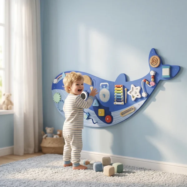 Montessori Motoriek Bord 13 in 1 Houten Druk Bord In Walvorm Wandgemonteerd Activiteitenbord Met Xylofoon Klok Tandwielen