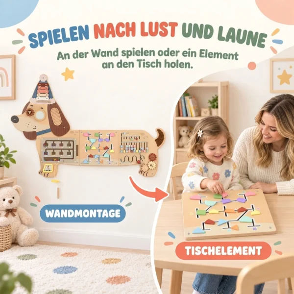 Montessori Motorikbrett Holz Busy Board In Dackelform Wandmontiertes Activity Board Mit Xylophon Zahnrädern Trommel