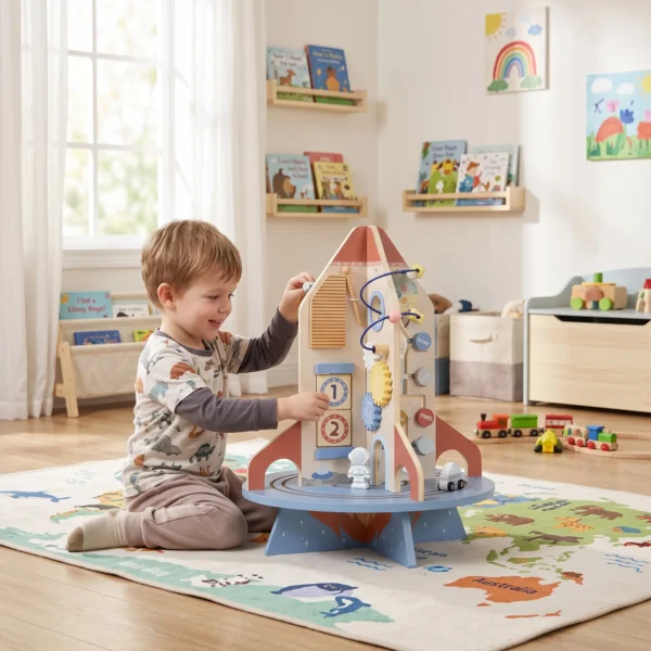 Motorikwürfel, 15 in 1 Holz Aktivitätswürfel Mit Raketen Design FPerlenbahnen, Drehbare Zahnräder, Stapelblöcke