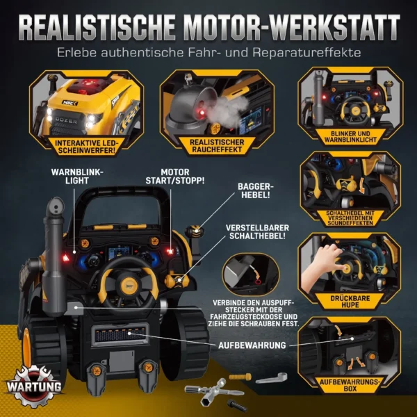 Motorspeelgoed Kinderen 68 delig Graafmachine Autoreparatieset Met Lichtjes & Geluid Mistfunctie Geluiden, Stuurwiel Toeter Geel