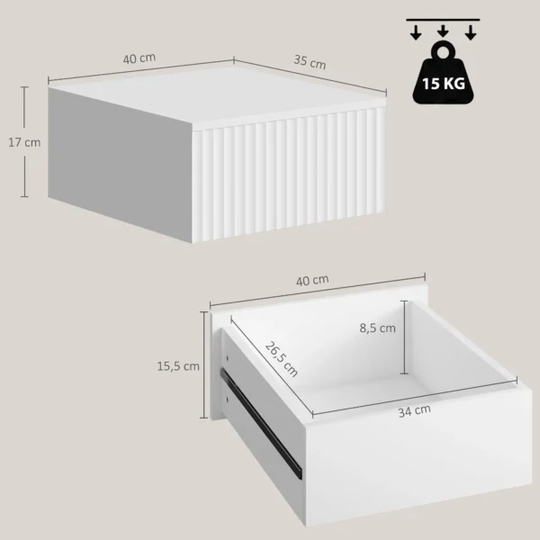 Nachtkastje Set Van 2 Wandgemonteerd Bijzettafel Met 2 Lades Nachtkastje 40 X 35 X 17 Cm, Wit
