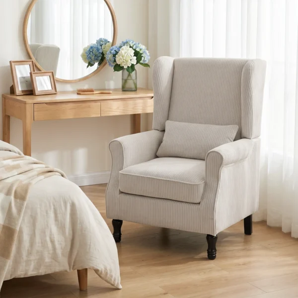 Oorfauteuil Met Armleuningen, Corduroy look Loungestoel Met Lendenkussen, Hoge Rugleuning Beige