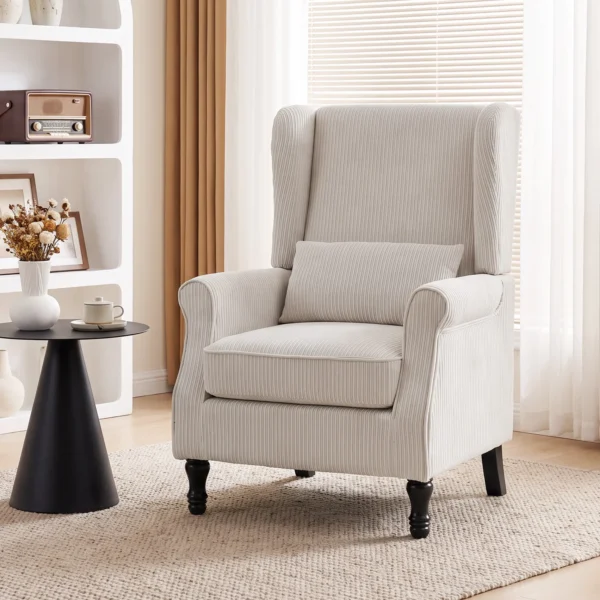Oorfauteuil Met Armleuningen, Corduroy look Loungestoel Met Lendenkussen, Hoge Rugleuning Beige