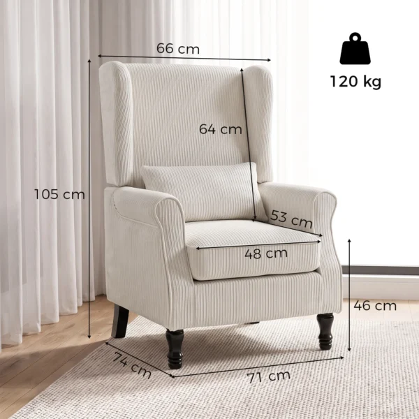 Oorfauteuil Met Armleuningen, Corduroy look Loungestoel Met Lendenkussen, Hoge Rugleuning Beige
