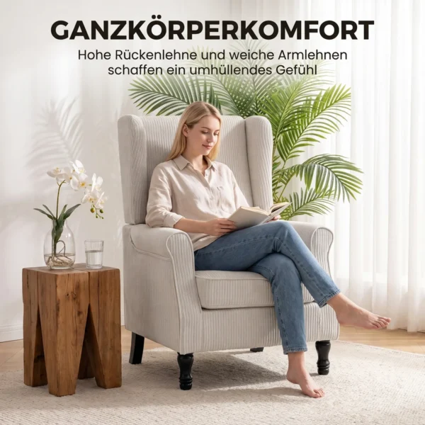Oorfauteuil Met Armleuningen, Corduroy look Loungestoel Met Lendenkussen, Hoge Rugleuning Beige
