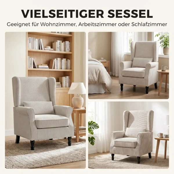 Oorfauteuil Met Armleuningen, Corduroy look Loungestoel Met Lendenkussen, Hoge Rugleuning Beige