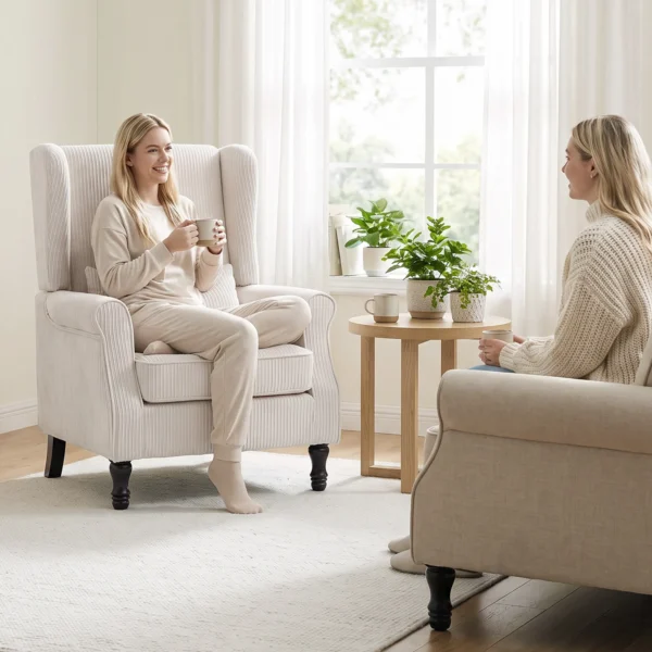 Oorfauteuil Met Armleuningen, Corduroy look Loungestoel Met Lendenkussen, Hoge Rugleuning Beige