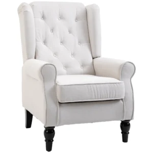 Oorfauteuil Relaxfauteuil Stoel, Vintage Design, Knoopstiksels, Gedraaide Poten, 74 Cm X 86 Cm X 102 Cm, Crèmewit