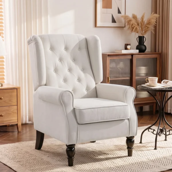 Oorfauteuil Relaxfauteuil Stoel, Vintage Design, Knoopstiksels, Gedraaide Poten, 74 Cm X 86 Cm X 102 Cm, Crèmewit
