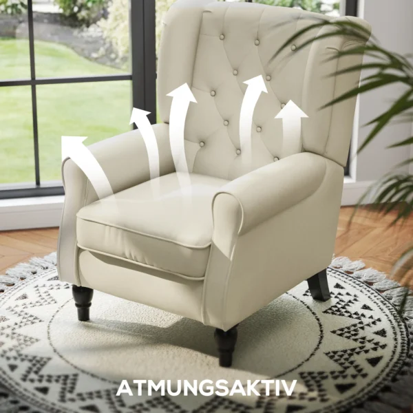Oorfauteuil Relaxfauteuil Stoel, Vintage Design, Knoopstiksels, Gedraaide Poten, 74 Cm X 86 Cm X 102 Cm, Crèmewit
