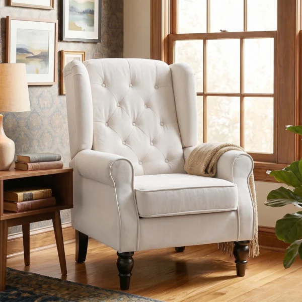 Oorfauteuil Relaxfauteuil Stoel, Vintage Design, Knoopstiksels, Gedraaide Poten, 74 Cm X 86 Cm X 102 Cm, Crèmewit