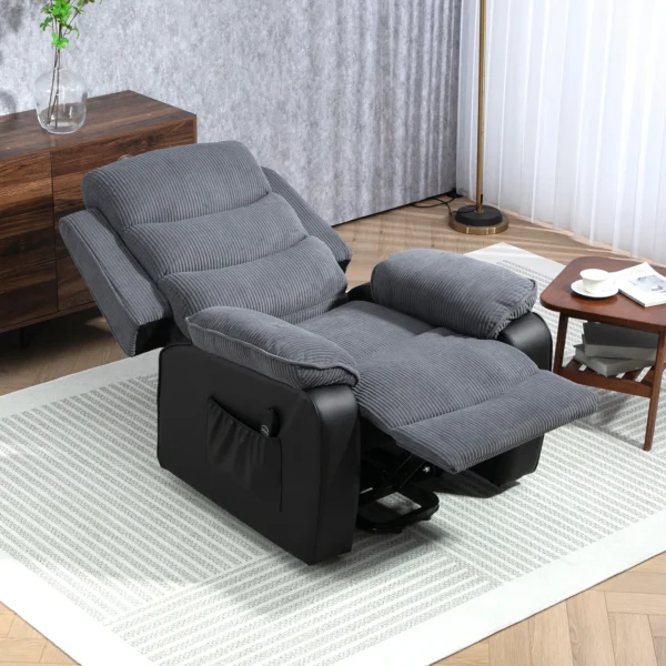 Opsta stoel Met Zachte Corduroy Bekleding, Relaxstoel Met Afstandsbediening En Zijzakken, Donkergrijs
