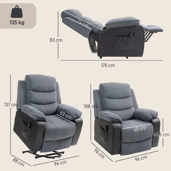 Opsta stoel Met Zachte Corduroy Bekleding, Relaxstoel Met Afstandsbediening En Zijzakken, Donkergrijs
