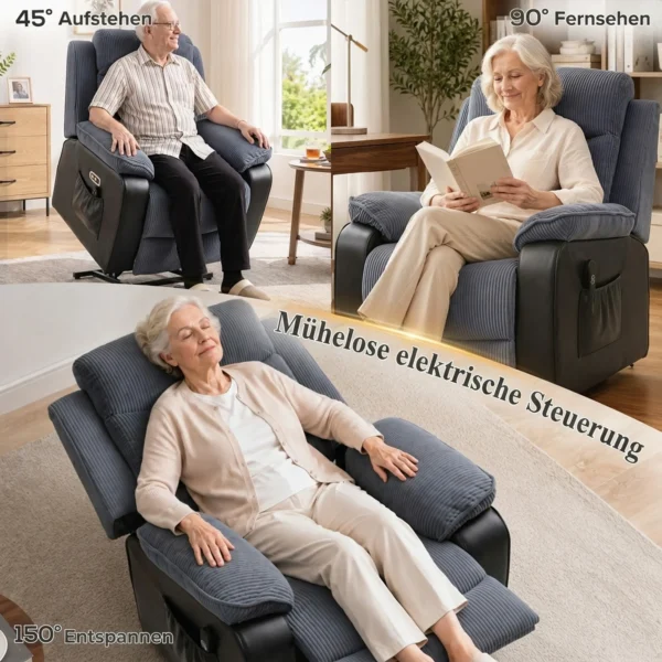 Opsta stoel Met Zachte Corduroy Bekleding, Relaxstoel Met Afstandsbediening En Zijzakken, Donkergrijs