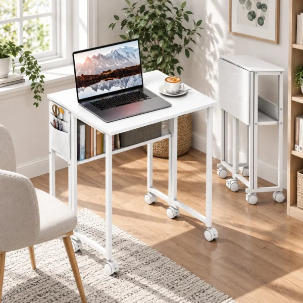 Opvouwbare Bureau, Om Te Zetten In Bijzettafel, Open Rek, Wit
