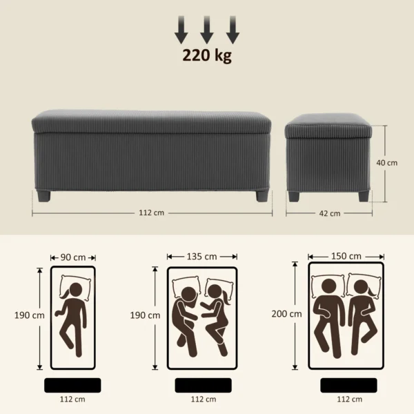 Opvouwbare Opbergbank Met 84 L Capaciteit 112x42x40 Cm Fluwelen Bekleding Voeteneinde Van Het Bed Voor Woonkamer Slaapkamer Grijs